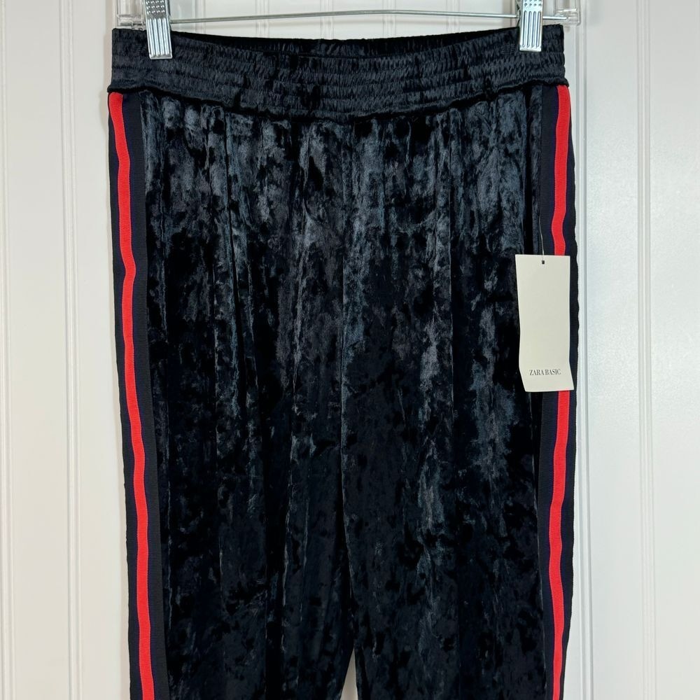 Zara Basic Jogger Women's Black Small‎ Stripe Crushed Velvet Stripe Joggers - Picture 4 of 13